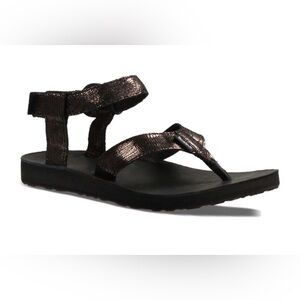 Size 8 Teva Women's Original Flip Flop Sandal Ankle Strap Leather Metallic Black